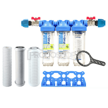 Sada filtru Senior 10" TRIO. Komplet připojení 1". Filtrace nečistot, chloru a zápachu (CB-AF CTO)