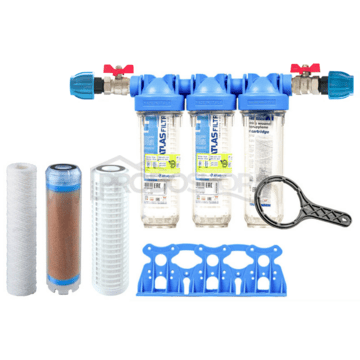 Sada filtru Senior 10" TRIO. Komplet připojení 3/4". Filtrace nečistot, redukce železa a manganu ( FE SX)