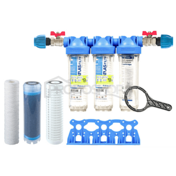 Sada filtru Senior 10" TRIO. Komplet připojení 3/4". Filtrace nečistot, zápachu a chuti (LA-SX)